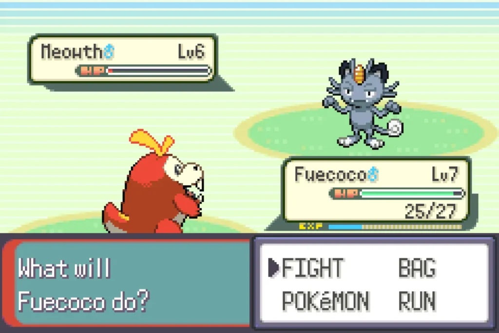 Pokemon Quetzal GBA battle screenshot showing Gen 9 Fuecoco fighting Galarian Meowth
