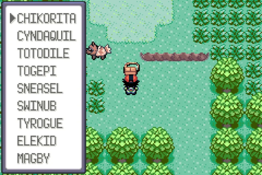Pokemon Quetzal starter selection showing Chikorita Cyndaquil Totodile Togepi Sneasel Swinub and follower Pokemon visible in overworld