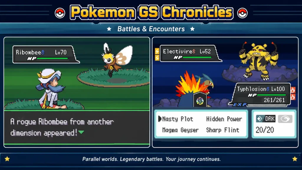 Pokemon GS Chronicles battle and encounter collage with Ribombee and Electivire fights