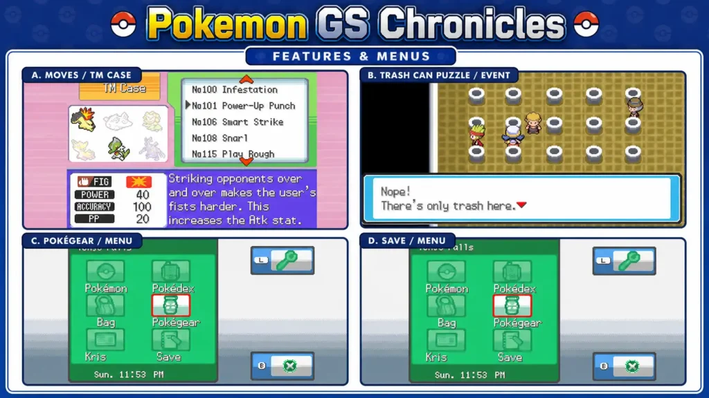 Pokemon GS Chronicles features and menus collage with TM case, trash can event, Pokegear, and save menuw