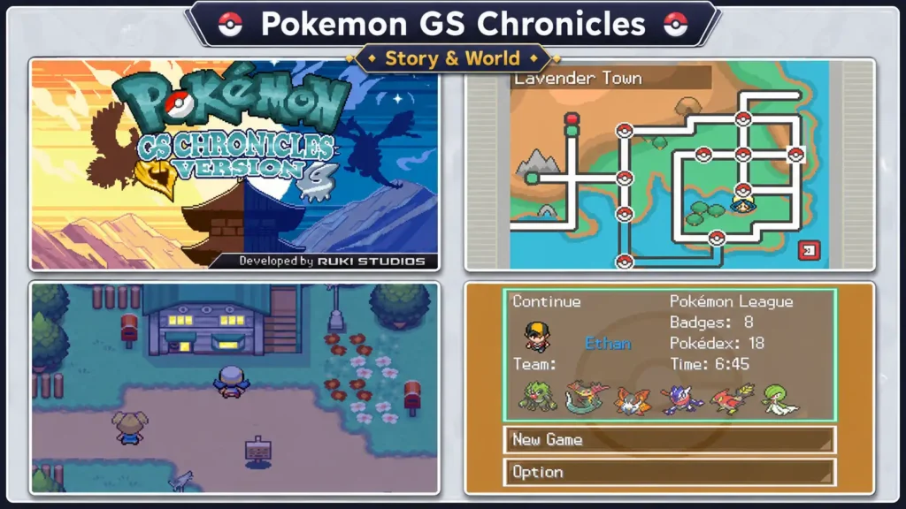 Pokemon GS Chronicles story and world collage with title screen, map, house scene, and save menu
