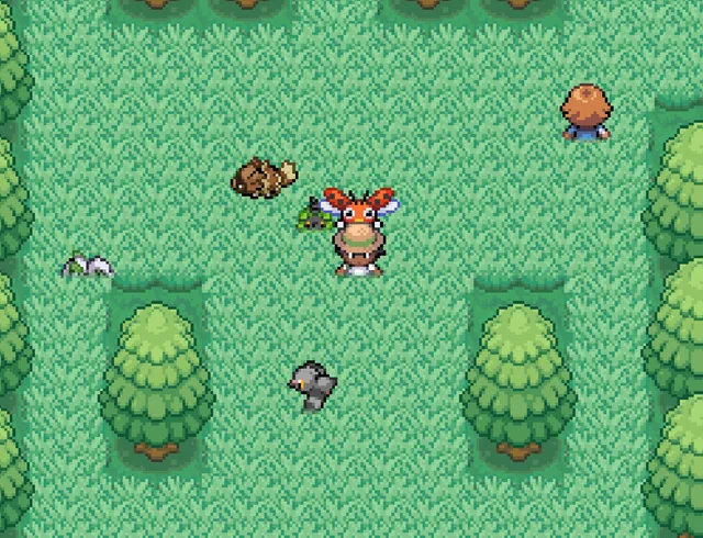 Pokemon Bug Catcher screenshot showing the trainer walking through grass with Bug-type Pokémon visible in the field.