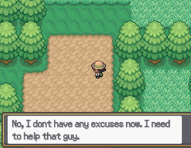 Pokemon Bug Catcher screenshot showing the player in a forest area with story dialogue about helping someone.
