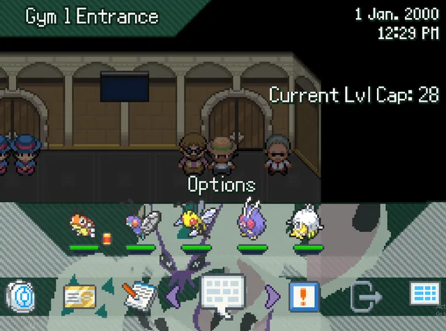 Pokemon Bug Catcher screenshot showing Gym 1 Entrance with current level cap and Bug-type party team.