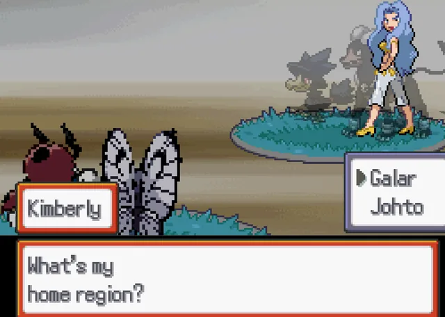 Pokemon Bug Catcher screenshot showing the player choosing a home region with Galar and Johto options.