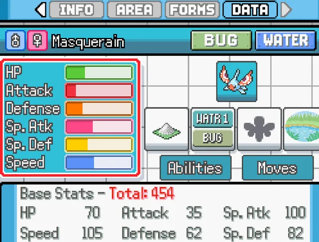 Pokemon Bug Catcher screenshot showing Masquerain data, Bug and Water typing, base stats, abilities, and moves.