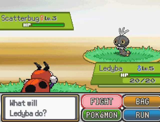Pokemon Bug Catcher battle screenshot showing Ledyba facing a wild Scatterbug in a Bug-type encounter.