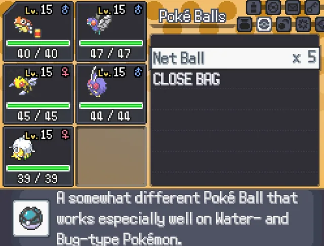 Pokemon Bug Catcher screenshot showing the Poke Balls bag menu with Net Ball and Bug-type team icons.