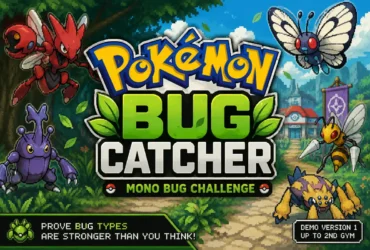 Pokemon Bug Catcher fan game featured image with Mono Bug Challenge theme and demo version details.
