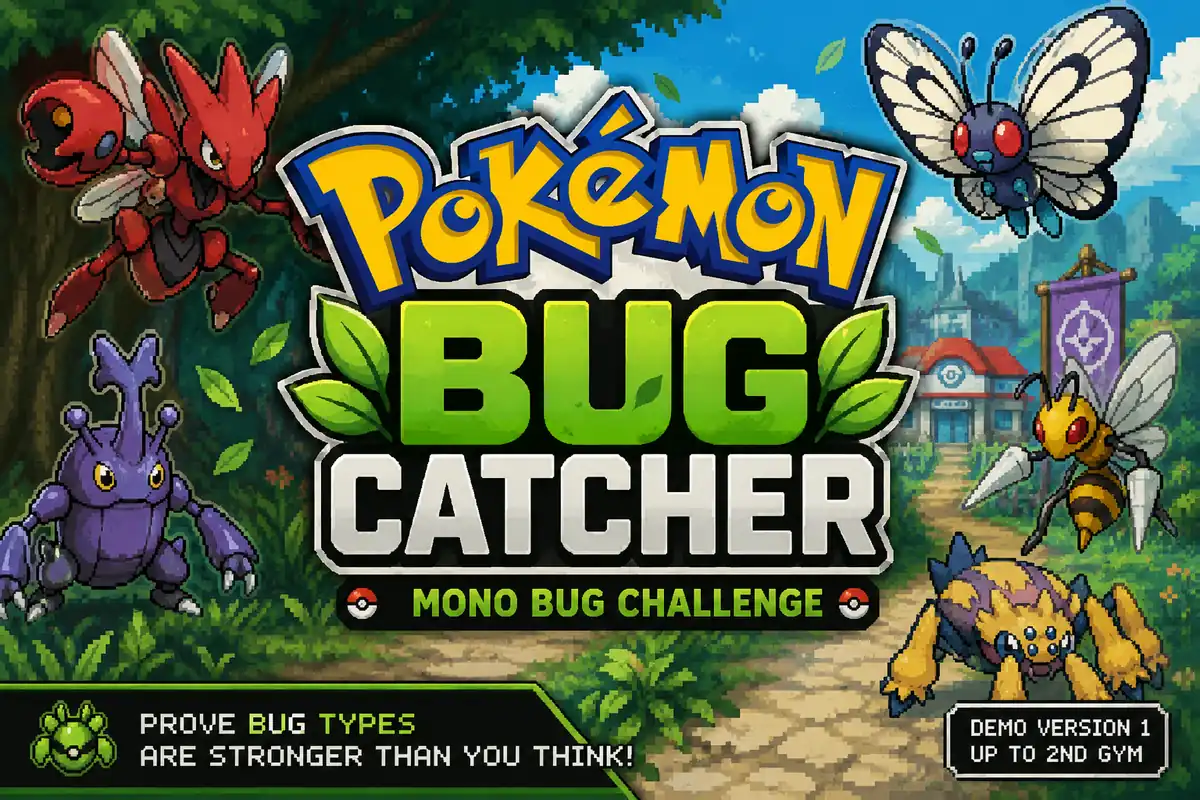 Pokemon Bug Catcher fan game featured image with Mono Bug Challenge theme and demo version details.