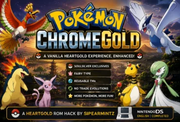 Pokemon ChromeGold featured image showing a vanilla-style HeartGold ROM hack with Johto Pokémon, reusable TMs, Fairy type, and no trade evolutions.