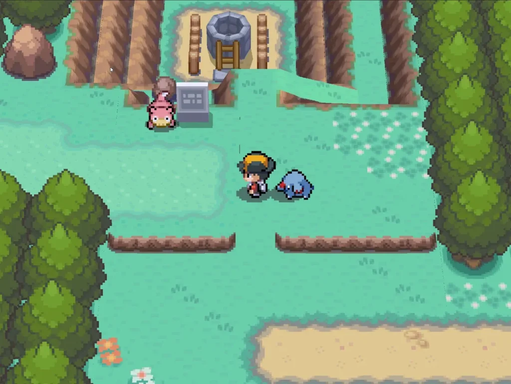 Pokemon ChromeGold screenshot showing the trainer with a Totodile follower near a well area in Johto.