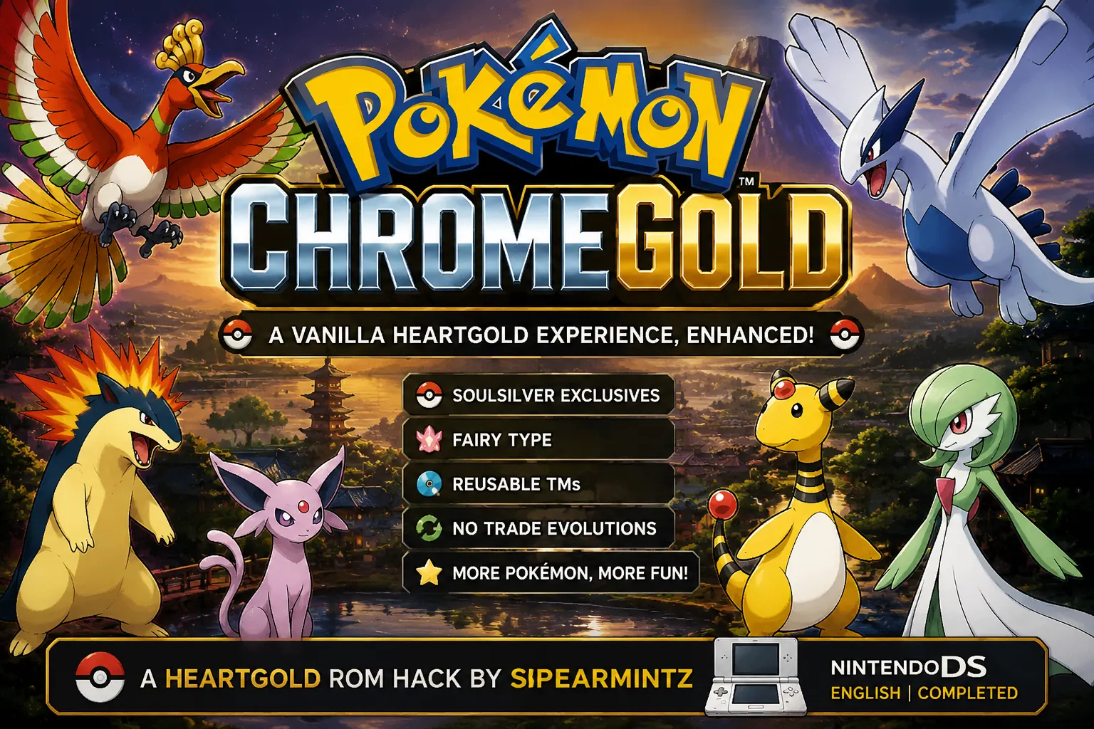 Pokemon ChromeGold featured image showing a vanilla-style HeartGold ROM hack with Johto Pokémon, reusable TMs, Fairy type, and no trade evolutions.
